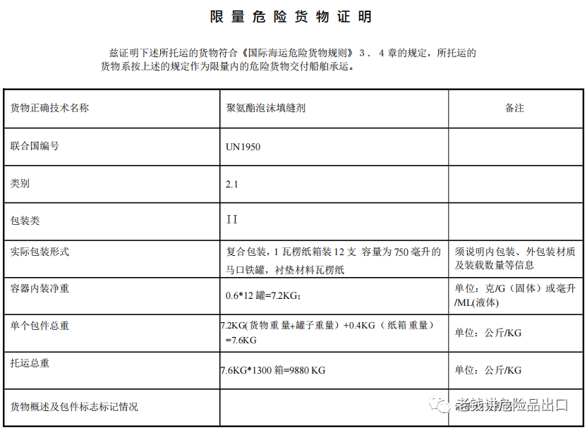限量危险货物证明