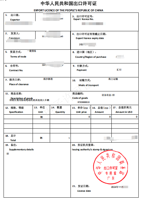 汽车出口许可证